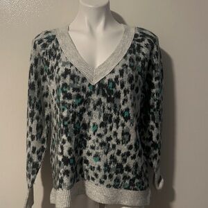 LOFT Grey Leopard-Print V-Neck Sweater with Teal Flecks